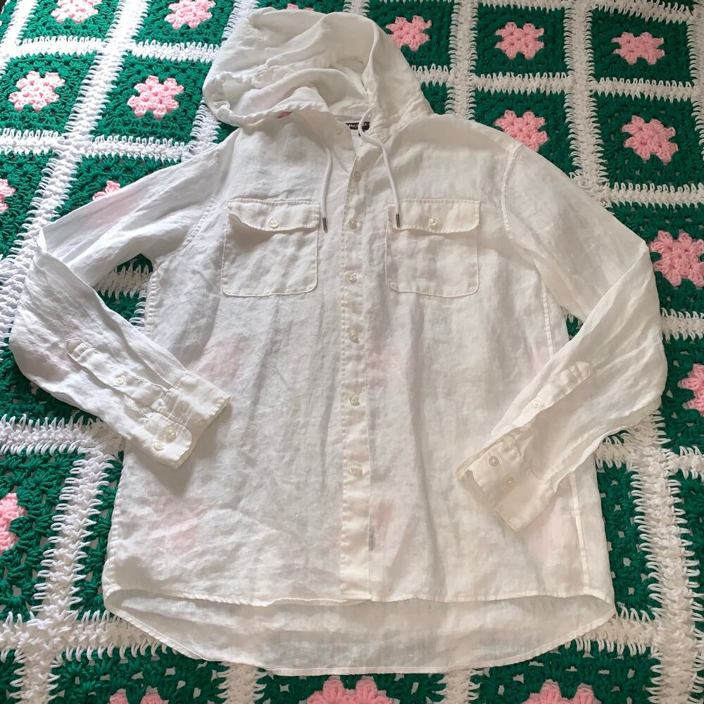 Womens Michael Kors 100% Linen Hooded Button Up Shirt Lightweight Medium